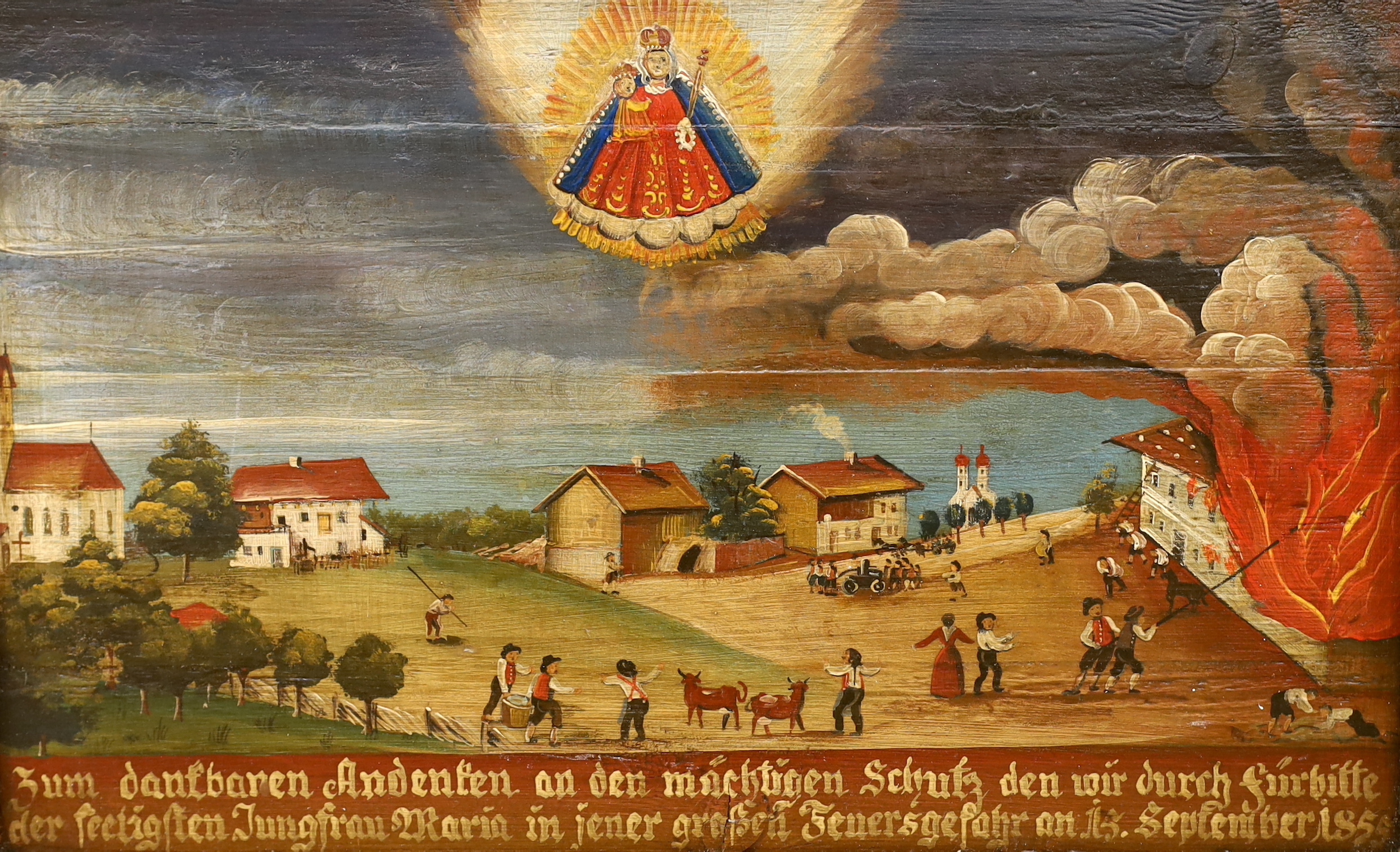 19th century German School, oil on board, Folklore scene with burning building and inscription, dated 1855, 47 x 29cm